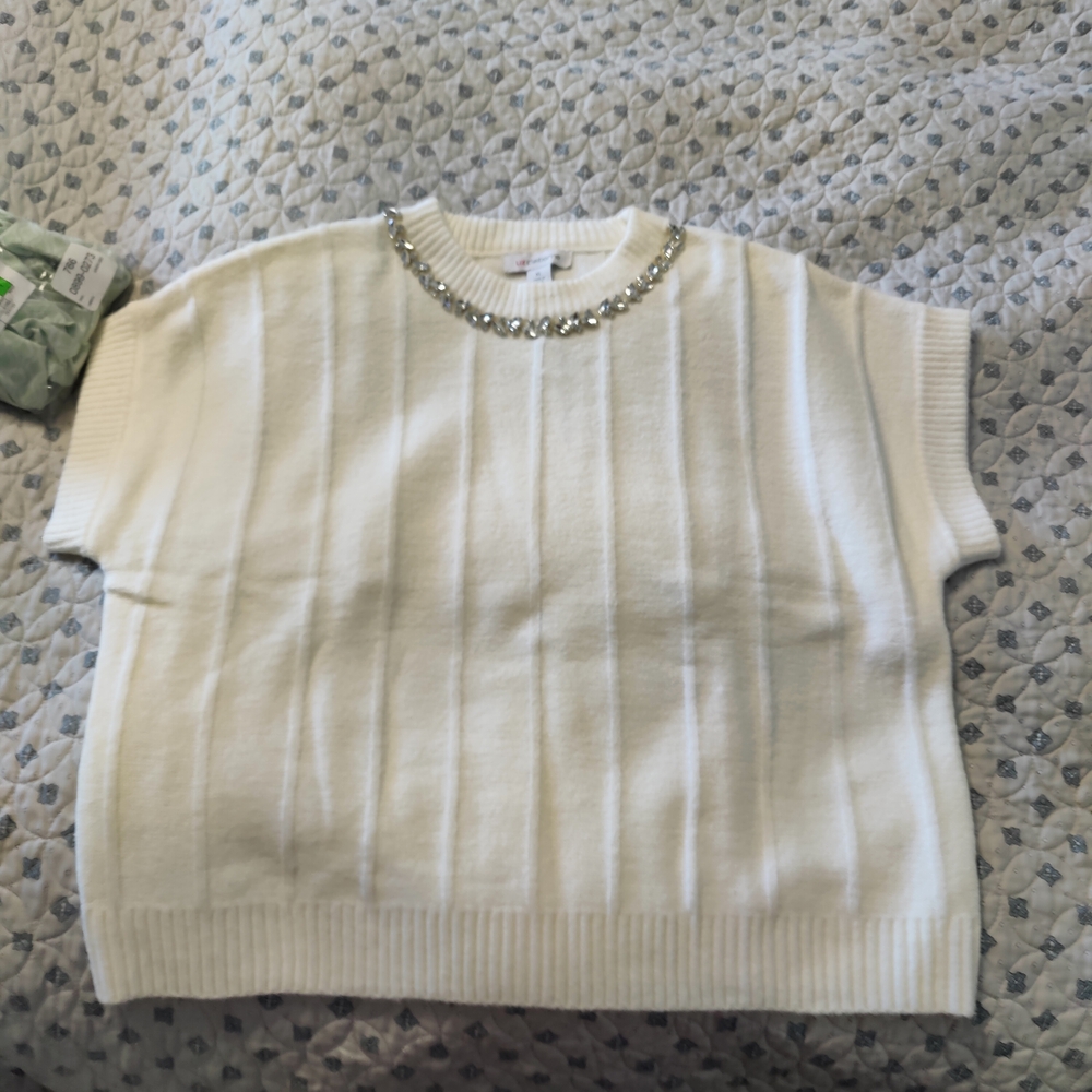 White Sweater with Embellished Neckline
